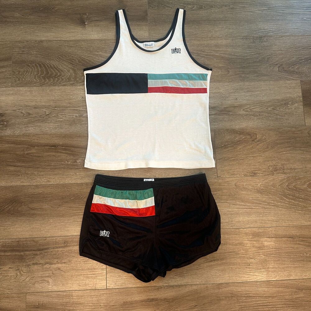 Vintage 80s Bill Rodgers Running Singlet Shorts Set Striped Boston Track Large
